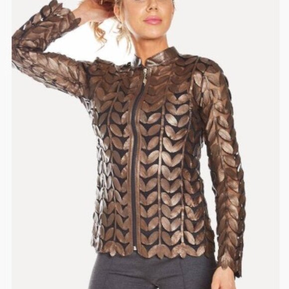 COOL!  Bronze Metallic Botanical Leaf Jacket | M | Designer Sample - Picture 1 of 10